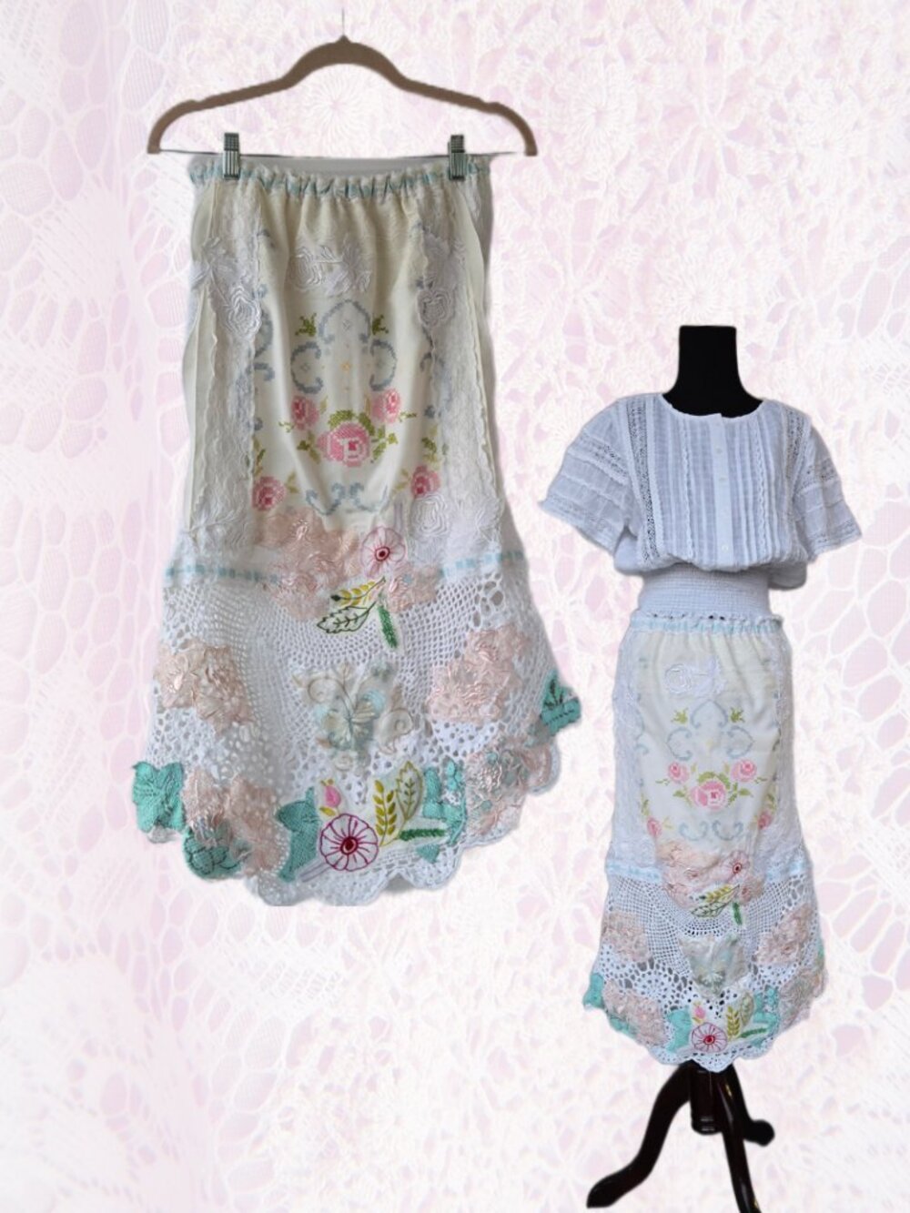 Handmade Lace Crochet and Butterfly Flower Embroidered Skirt Romantic Cottage